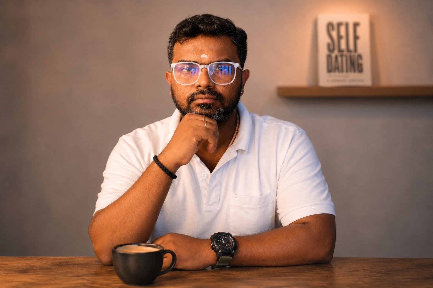 Shankar Kumaran, author of Self Dating, with the book on the wall behind him