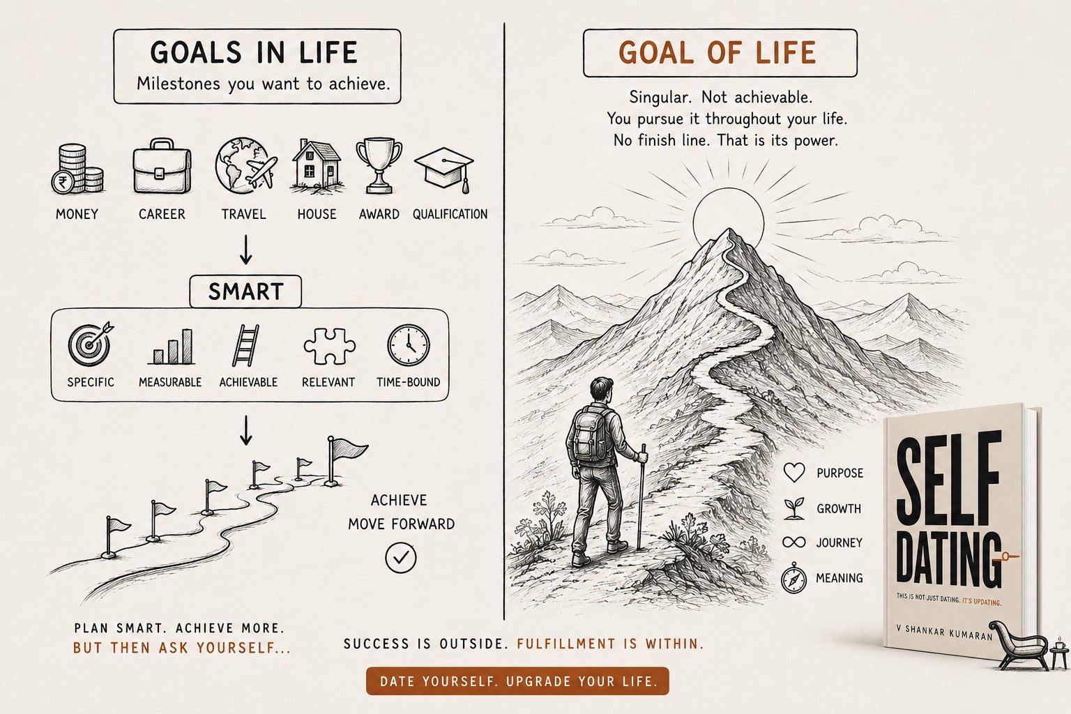 Goals in life versus the goal of life. Success is outside, fulfillment is within.